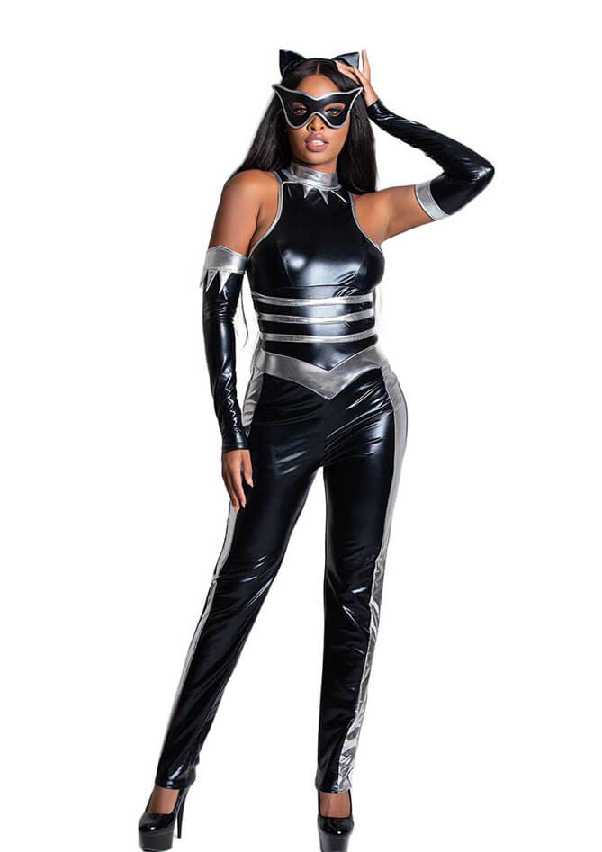 Black Cat Cosplay Jumpsuit front side pose Black Cat Cosplay Jumpsuit front side pose