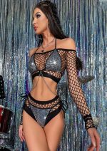 Metallic Bikini Set Fishnet Crop Top and Shorts Rave EDC Outfit (2)