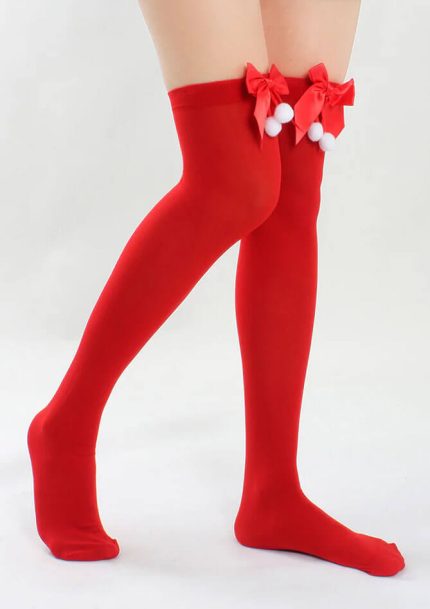 Red Opaque Thigh High Stocking with Bowknot for Christmas 3