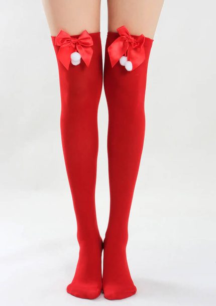 Red Opaque Thigh High Stocking with Bowknot for Christmas 4
