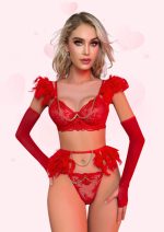 Red Romantic Feathers Front side Lingerie Set