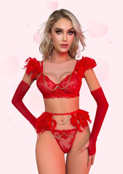 Red Romantic Feathers Front side Lingerie Set