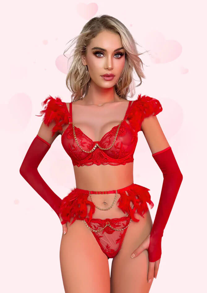 Red Romantic Feathers Front side Lingerie Set Red Romantic Feathers Front side Lingerie Set