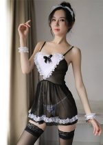 Sexy Maid Lingerie Costume Sheer Lace Heart Panel Babydoll Dress (3)