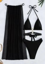 Women's 3 Piece Bikini Set Black Strappy lingries image