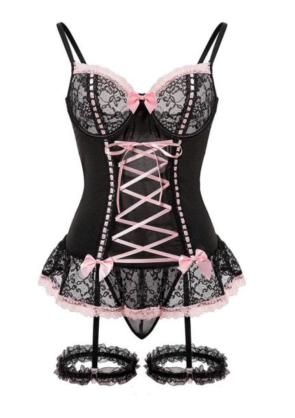 Black & Pink Lace Corset Lingerie Set
