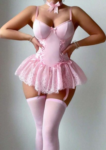 pink lace corset lingerie set