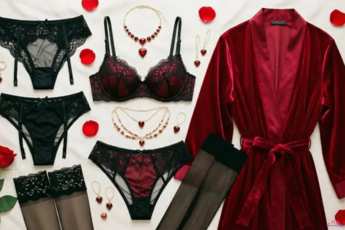 A romantic Valentine's Day lingerie set featuring delicate lace and soft fabric in shades of red and pink.