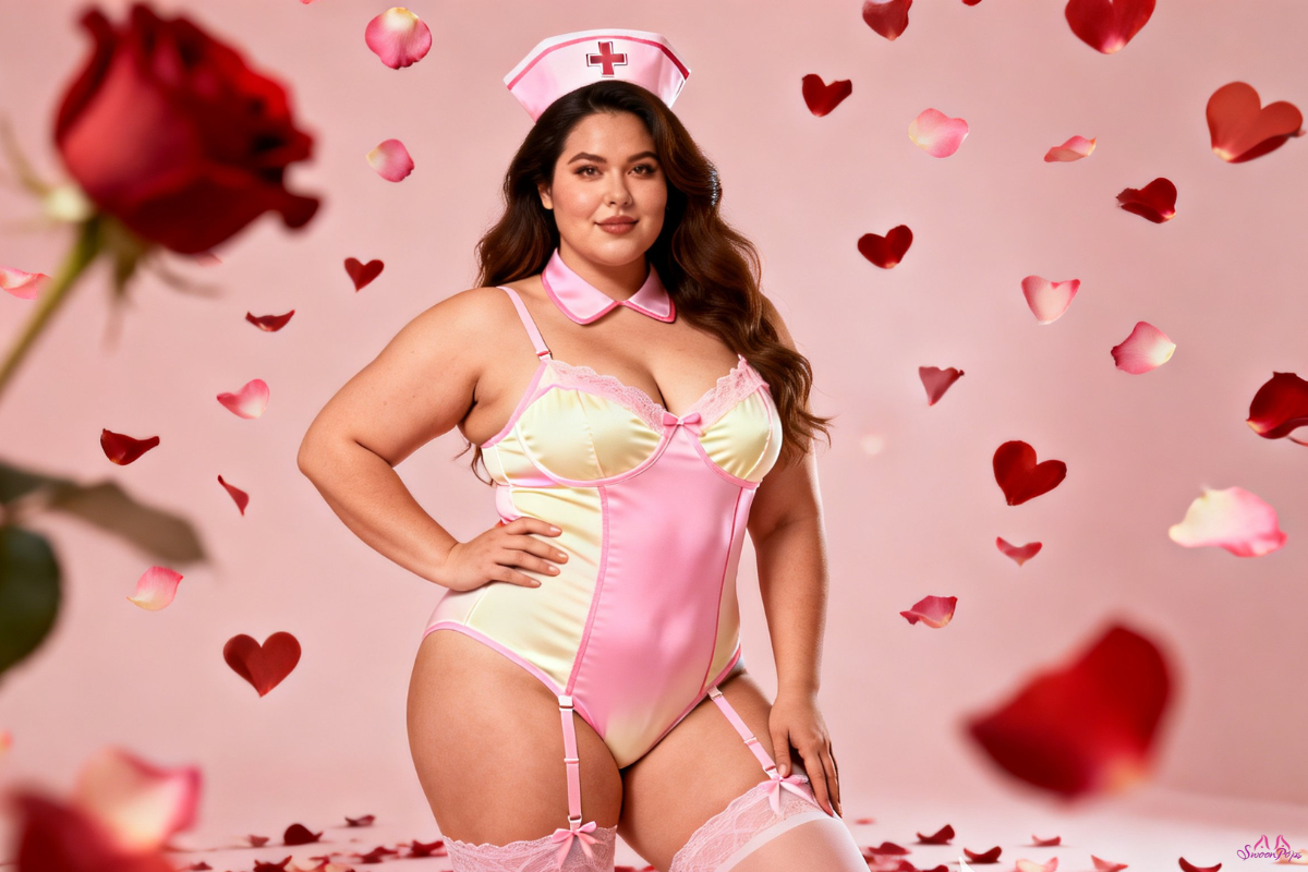 A confident woman poses in pink nurse-themed nurse costume lingerie, surrounded by floating red rose petals and hearts. The background is softly blurred, conveying a romantic tone.