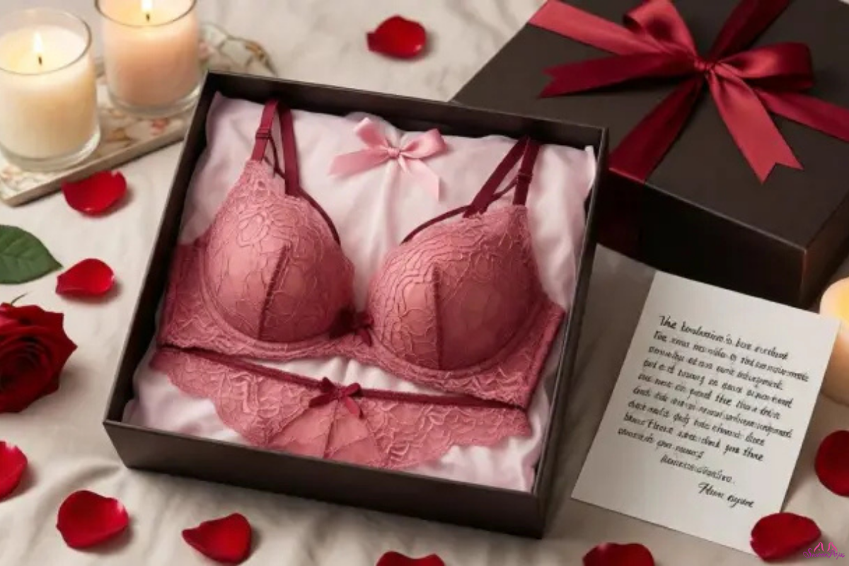 A gift box containing a bra and a greeting card, arranged neatly for presentation.