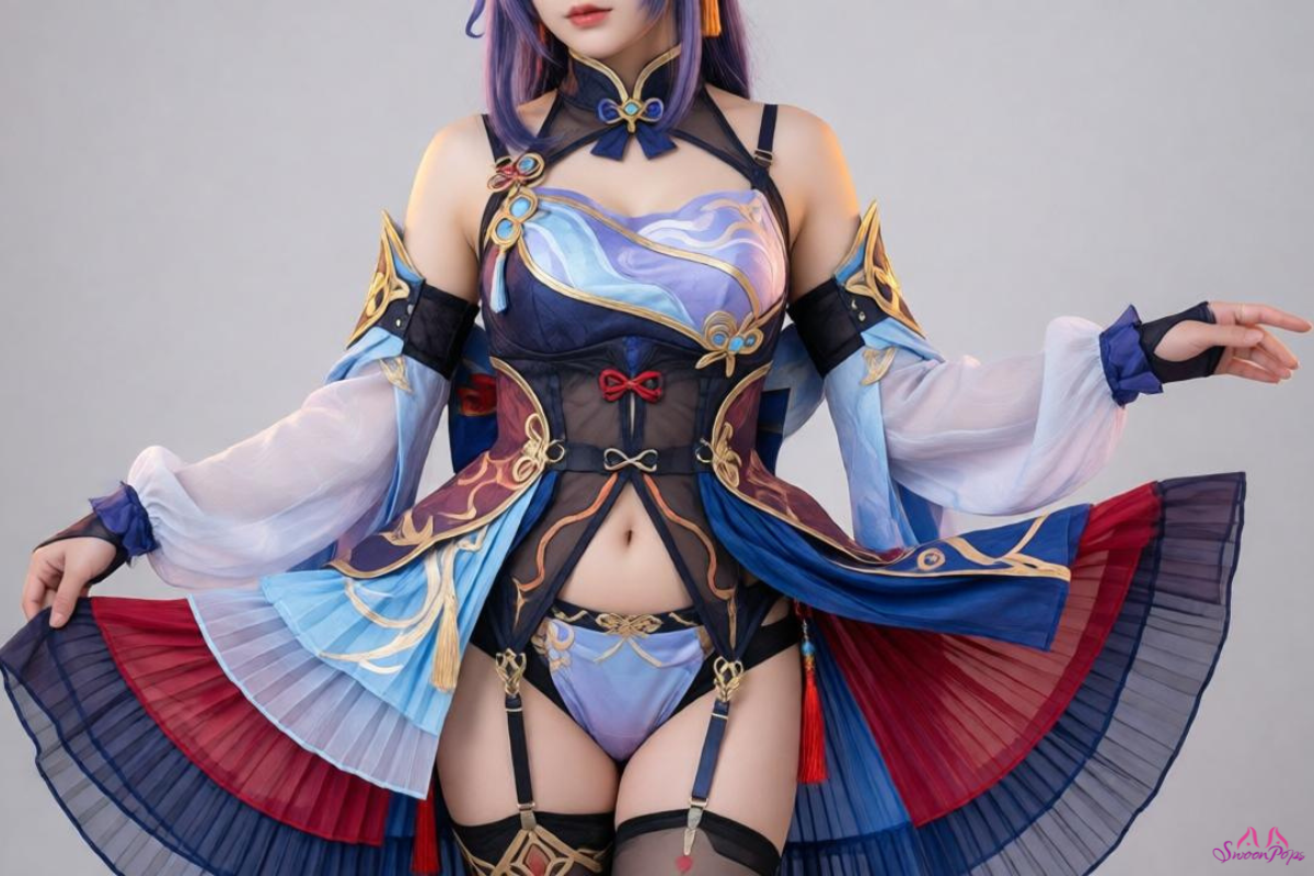 A woman in a colorful costume with vibrant purple hair, showcasing a playful and creative look.
