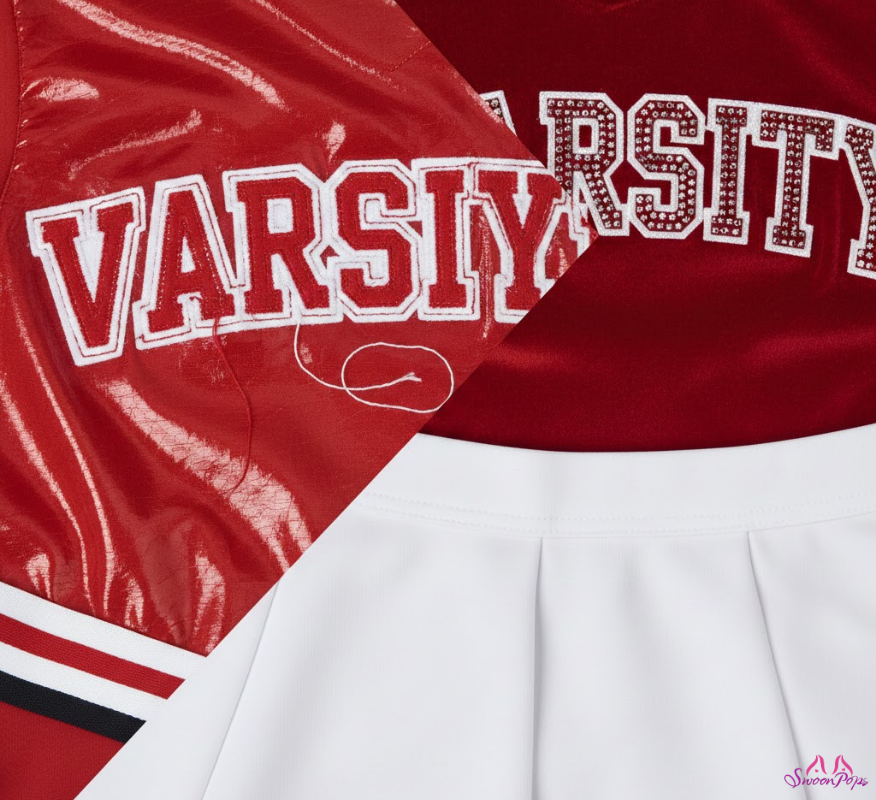 A red and white cheerleading uniform featuring the word "Vassar" prominently displayed on the front.