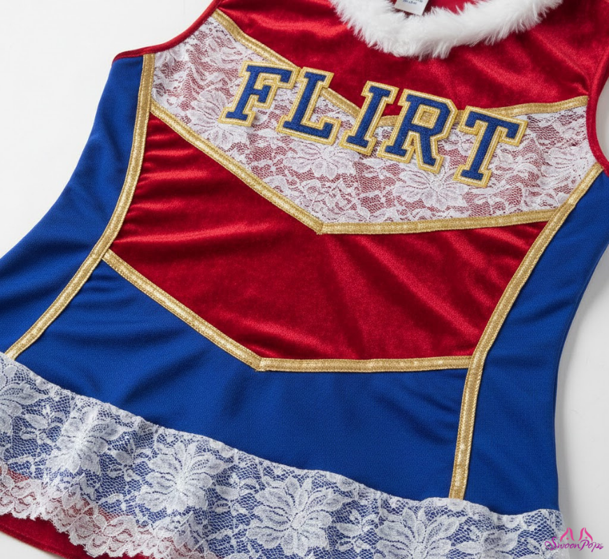Flirtatious cheerleader costume featuring a playful design with a short skirt and pom-poms.