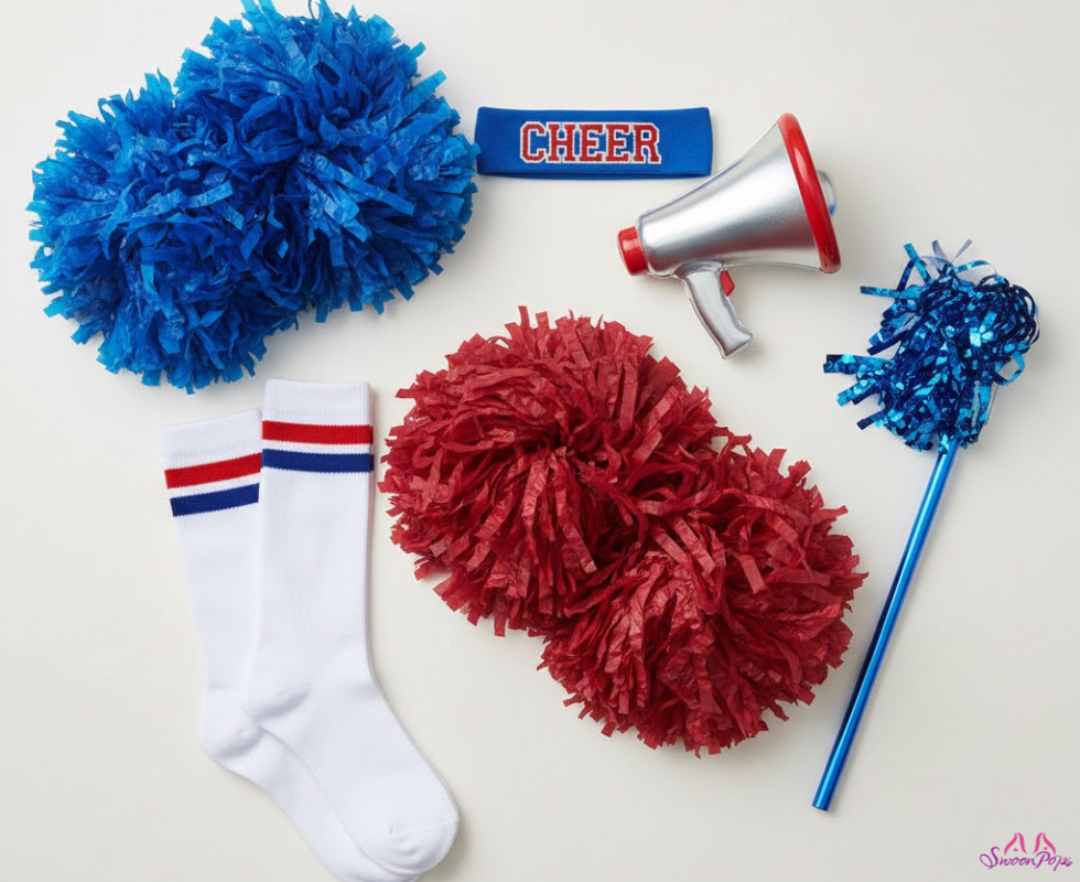 Cheerleader costume accessories including pom-poms, a short skirt, and a cropped top in a playful, naughty style.