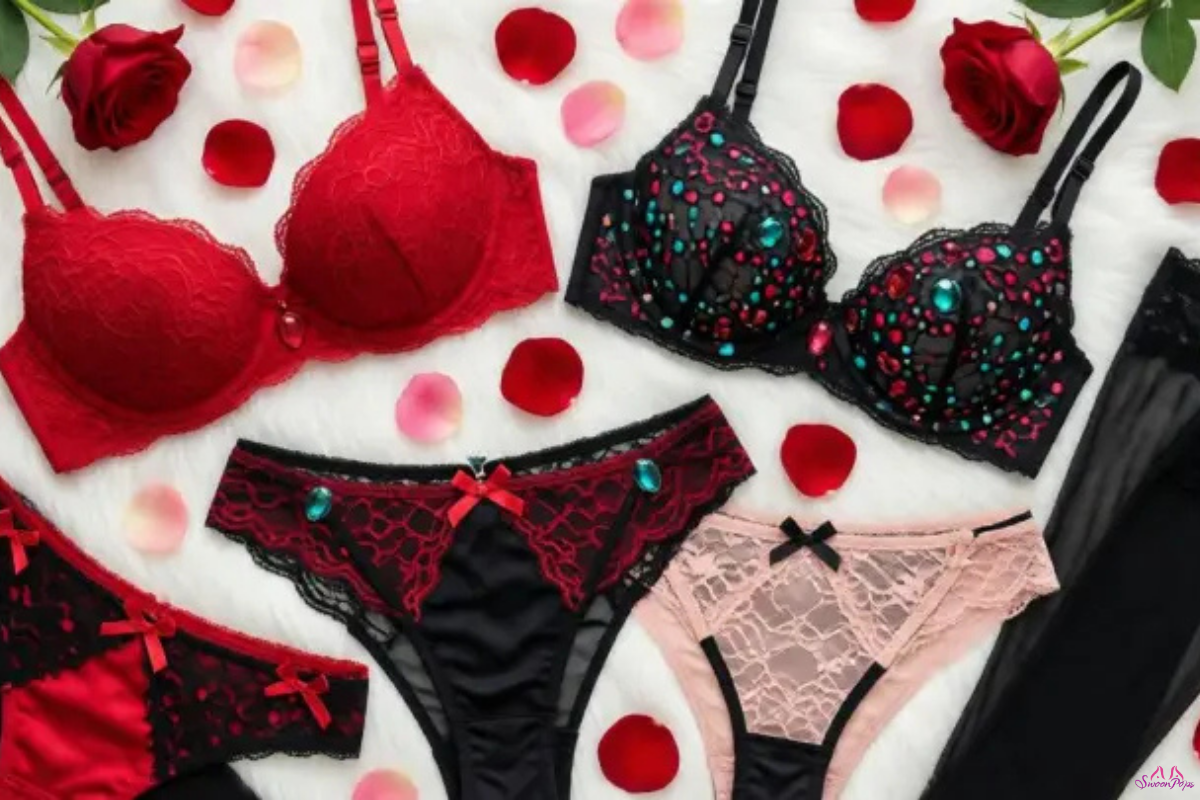 A display of elegant Valentine's Day lingerie, featuring lace, satin, and romantic colors for a special occasion.