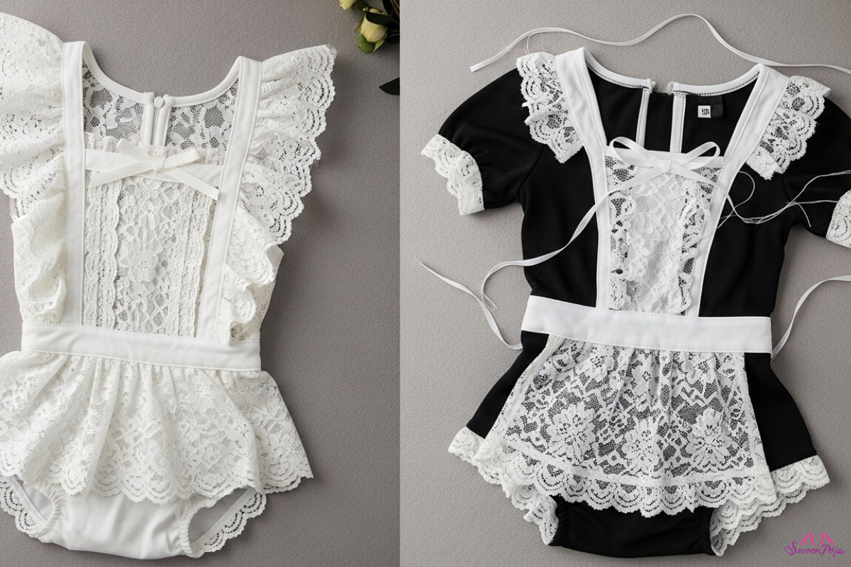 Two images showcasing baby girl's, featuring delicate fabrics and playful designs suitable for infants.