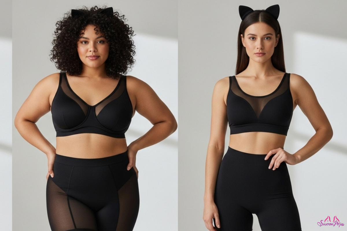 Three women in black sports bras and leggings, styled as a Black Cat costume, pose confidently together.