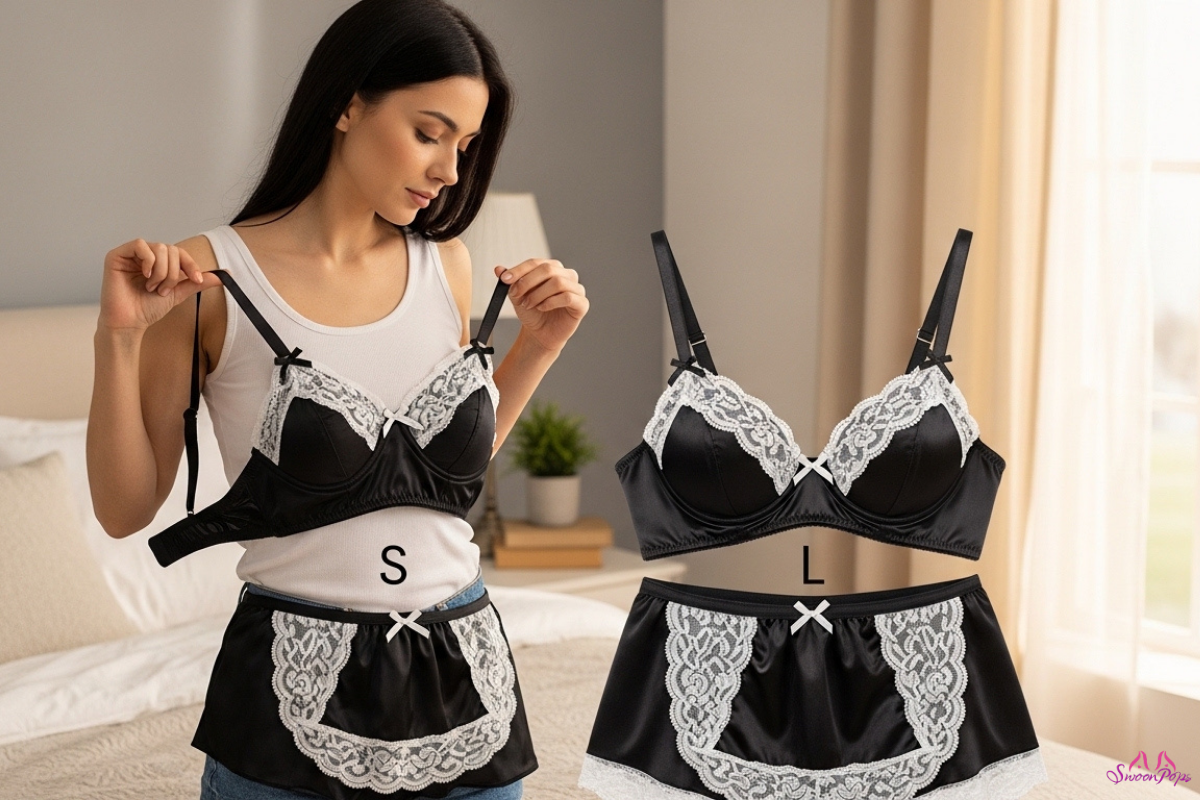 A woman poses in elegant black and white lingerie, showcasing a stylish bra and panties set.