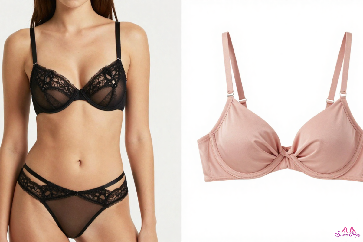 A bra and underwear displayed in various poses, showcasing their design and fabric details.