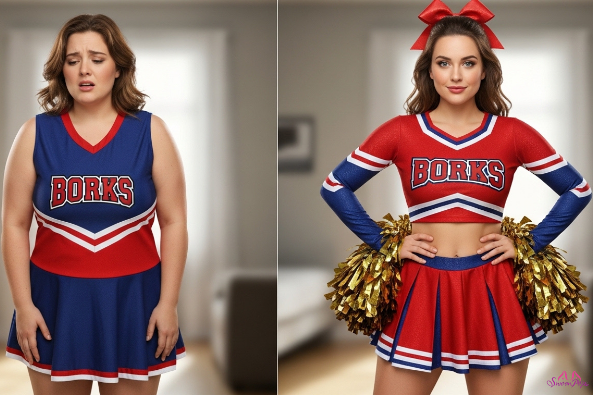 Two images of a woman wearing cheerleader outfits, showcasing different poses and expressions.