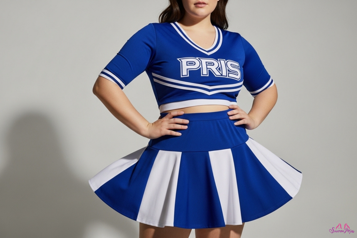 Plus size cheerleading uniform in blue and white, featuring a classic design suitable for cheerleaders.