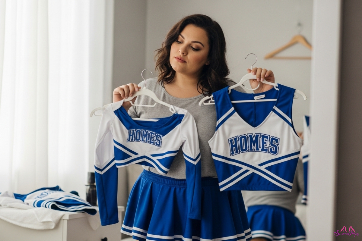 A woman proudly holds a blue and white plus-size cheer uniform, showcasing its vibrant colors and design.