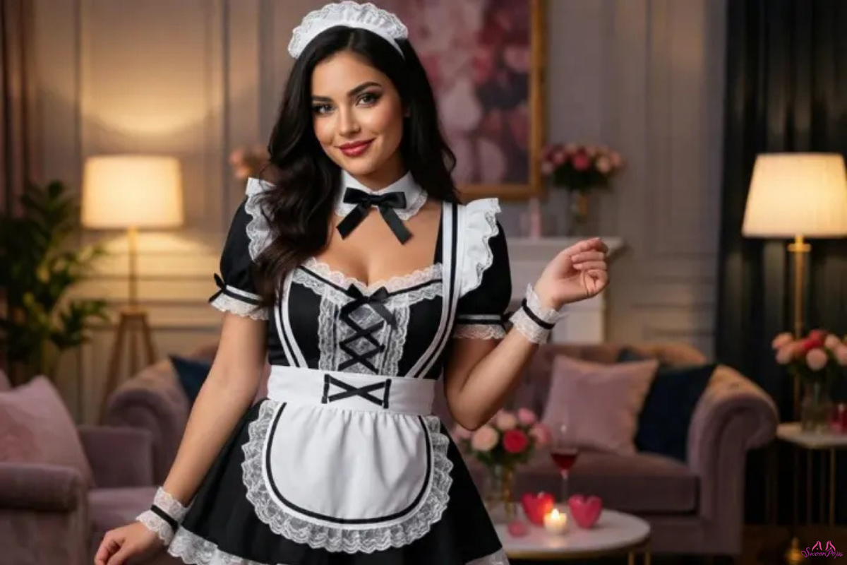 A woman in a revealing maid costume, featuring a short dress, apron, and stockings, posing playfully in a domestic setting.
