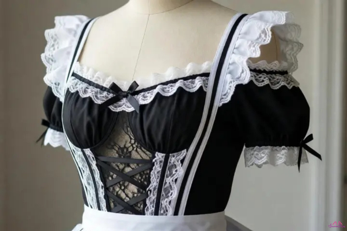 A maid's dress featuring intricate lace details and elegant black trim.