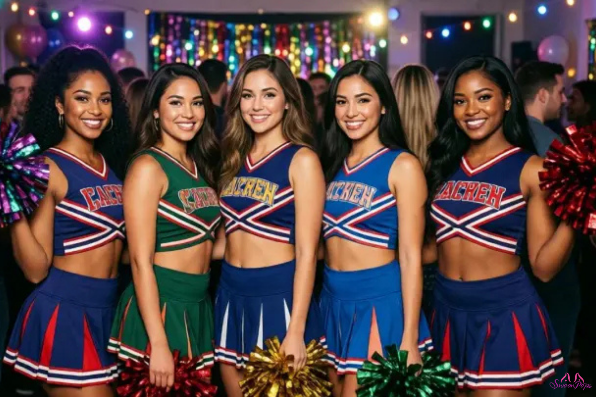 Cheerleaders in festive attire celebrating at a lively party, showcasing vibrant costumes and energetic poses.