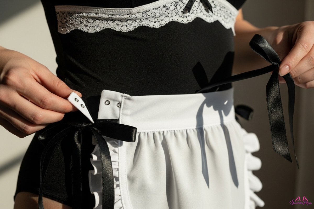 A woman in a maid outfit adjusts her apron, showcasing a blend of elegance and inspired design.