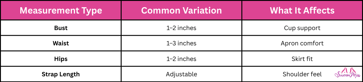 A table displaying various measurement types for accurate fitting and sizing guidance.
