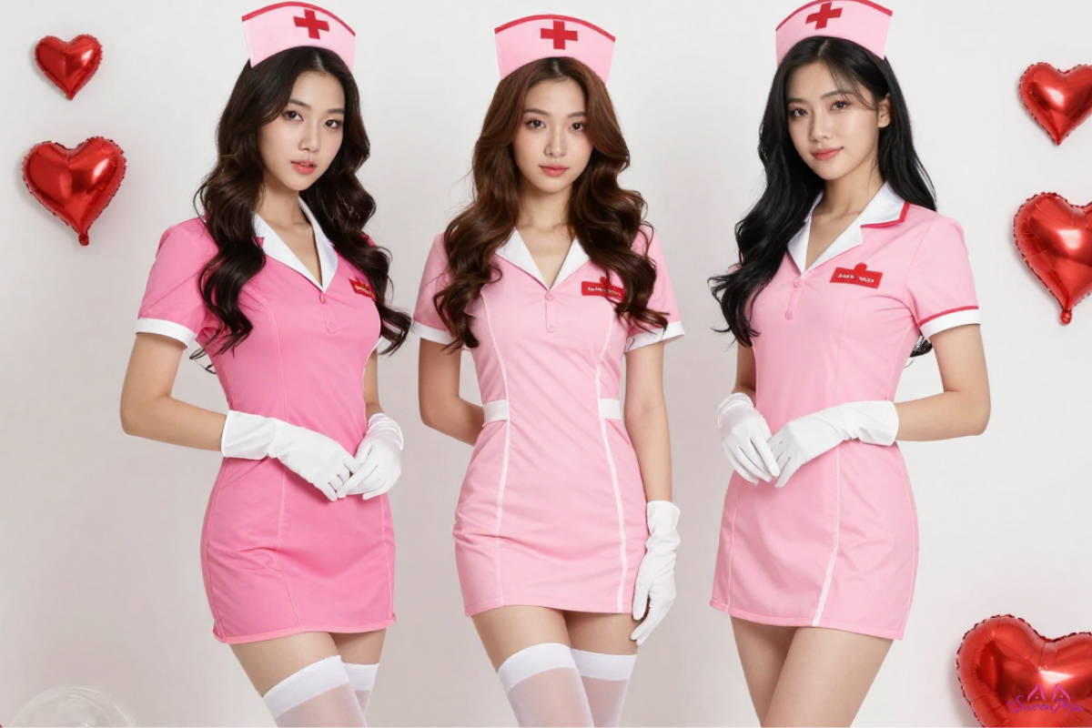 Three women in pink nurse outfits stand beside large hearts, smiling and promoting healthcare and compassion.
