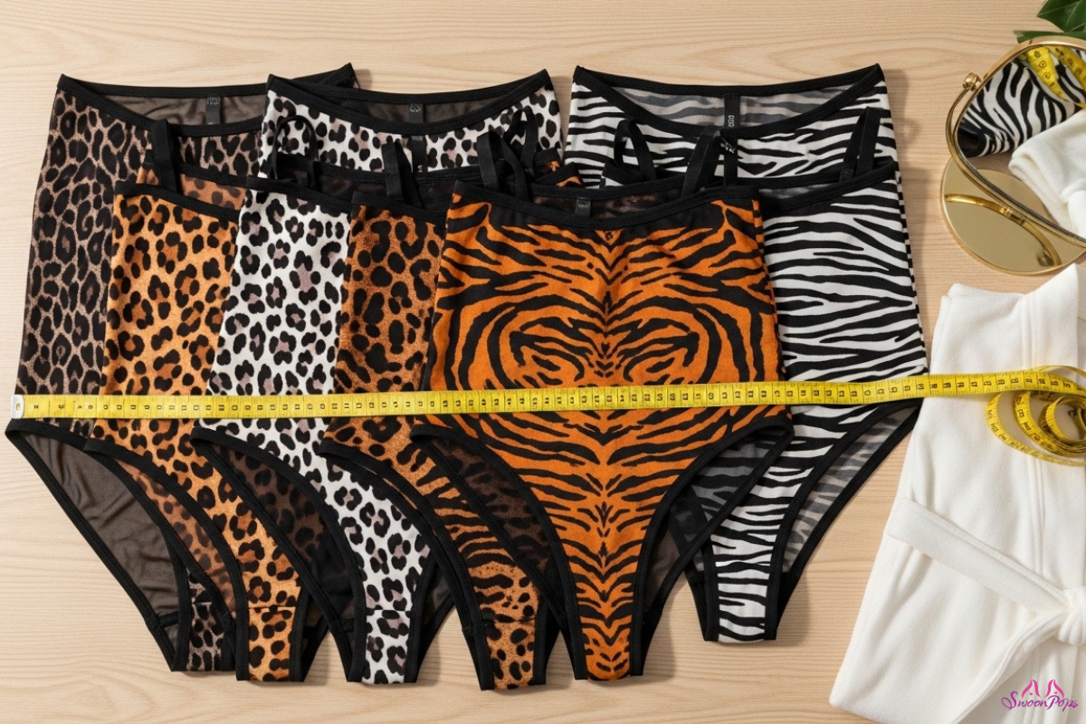 A collection of animal print bodystocking underwear displayed with a measuring tape for size reference.
