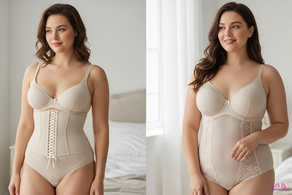 Two images of a woman modeling Lingerie in a nude bra and panties, showcasing elegant and stylish design.