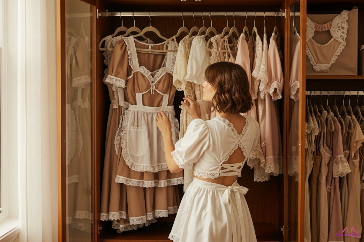 A woman in a white dress examines lingerie in a closet filled with various clothing items.