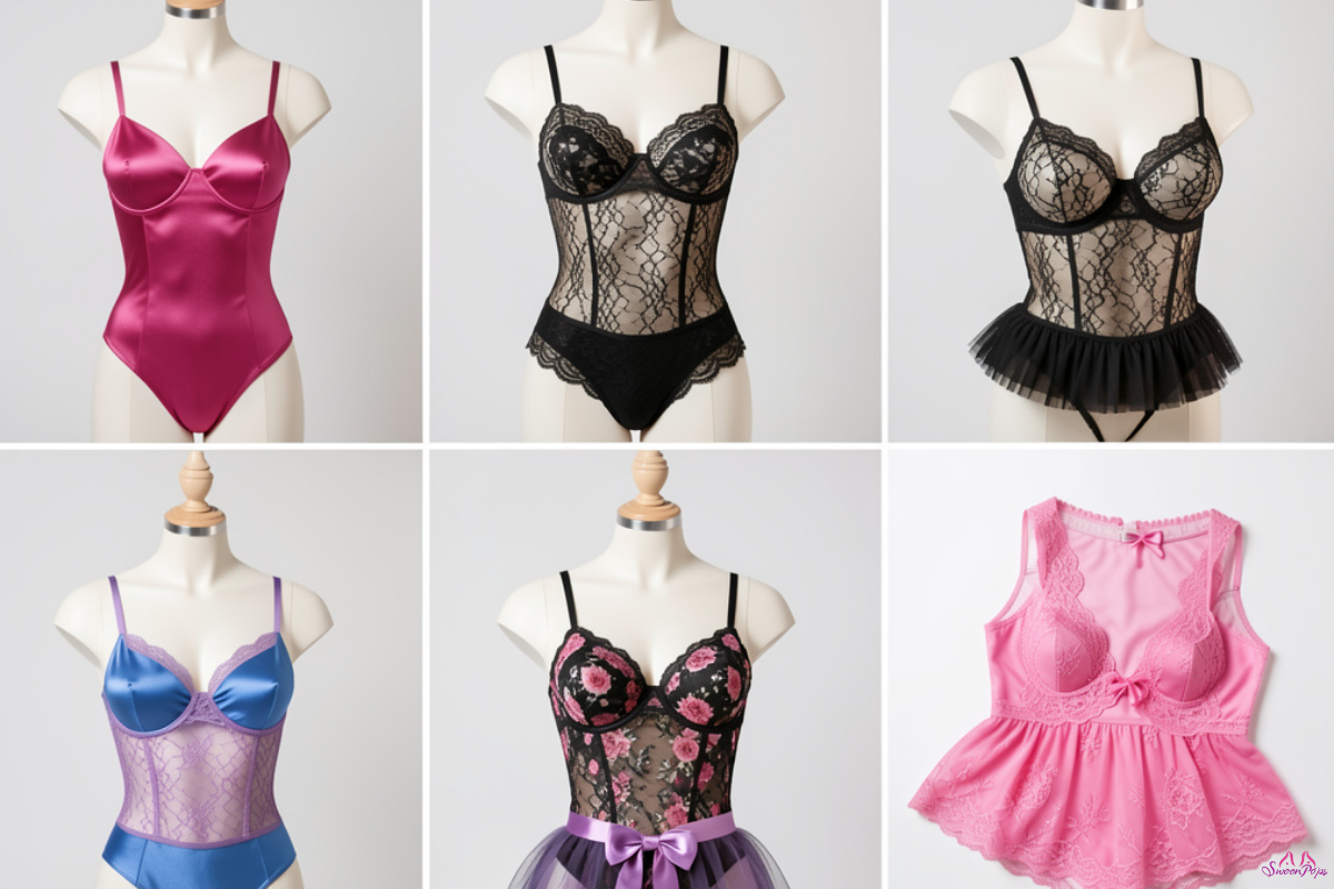 Six distinct types of lingerie displayed on a neutral background, showcasing various styles and colors.