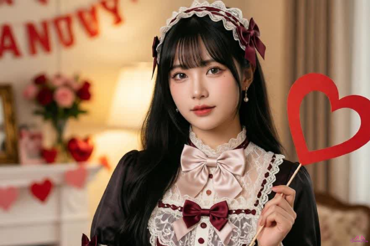 A young woman in a Sexy Anime Cosplay Outfit, featuring lace and burgundy bows, holds a red heart on a stick. Warm, festive ambiance with roses.