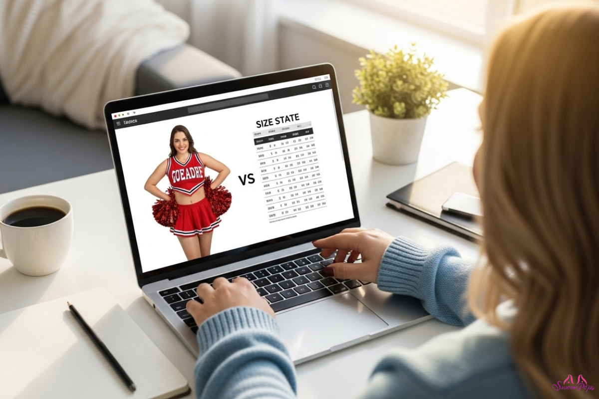 A woman views a cheerleader calendar on her laptop, showcasing plus-size cheerleader costumes.