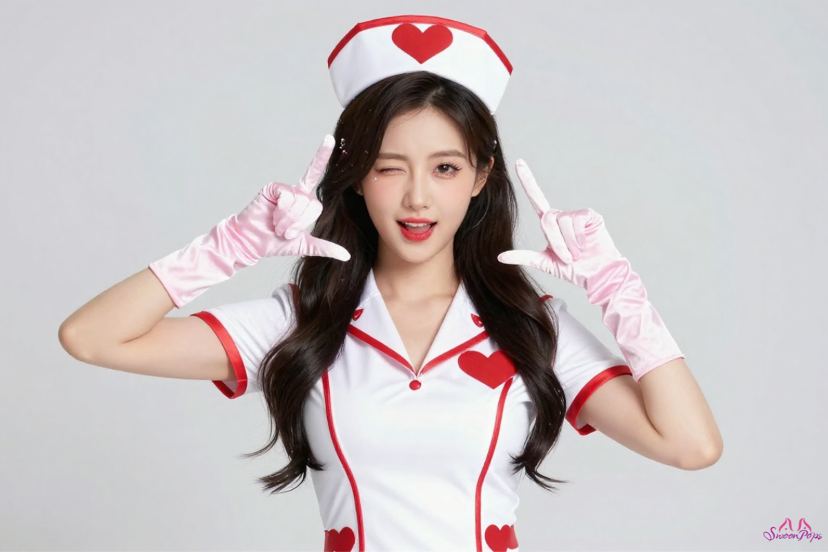 A woman in a nurse uniform raises her hands, smiling, conveying a sense of joy and enthusiasm