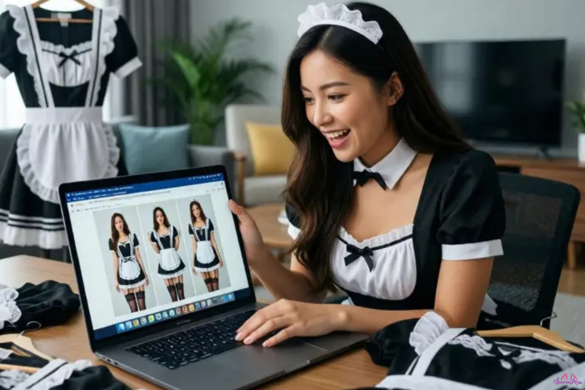 A woman in a sexy housemaid costume is sitting at a desk, focused on her laptop while working.