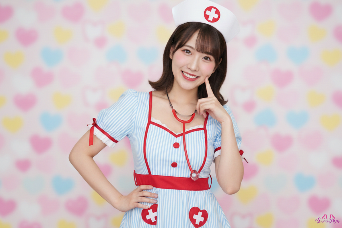 A woman in an anime nurse costume poses for a picture, showcasing her outfit and cheerful expression.