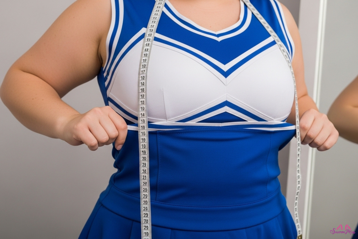 A plus-size cheerleader in uniform measuring her chest with a tape measure, focused on fitting her costume.