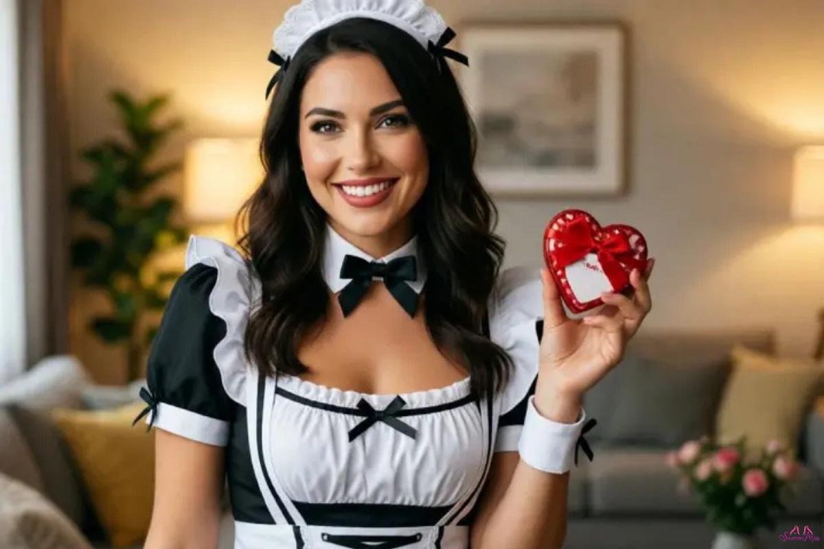 A woman in a sexy maid costume holds a heart-shaped box, smiling playfully at the camera.