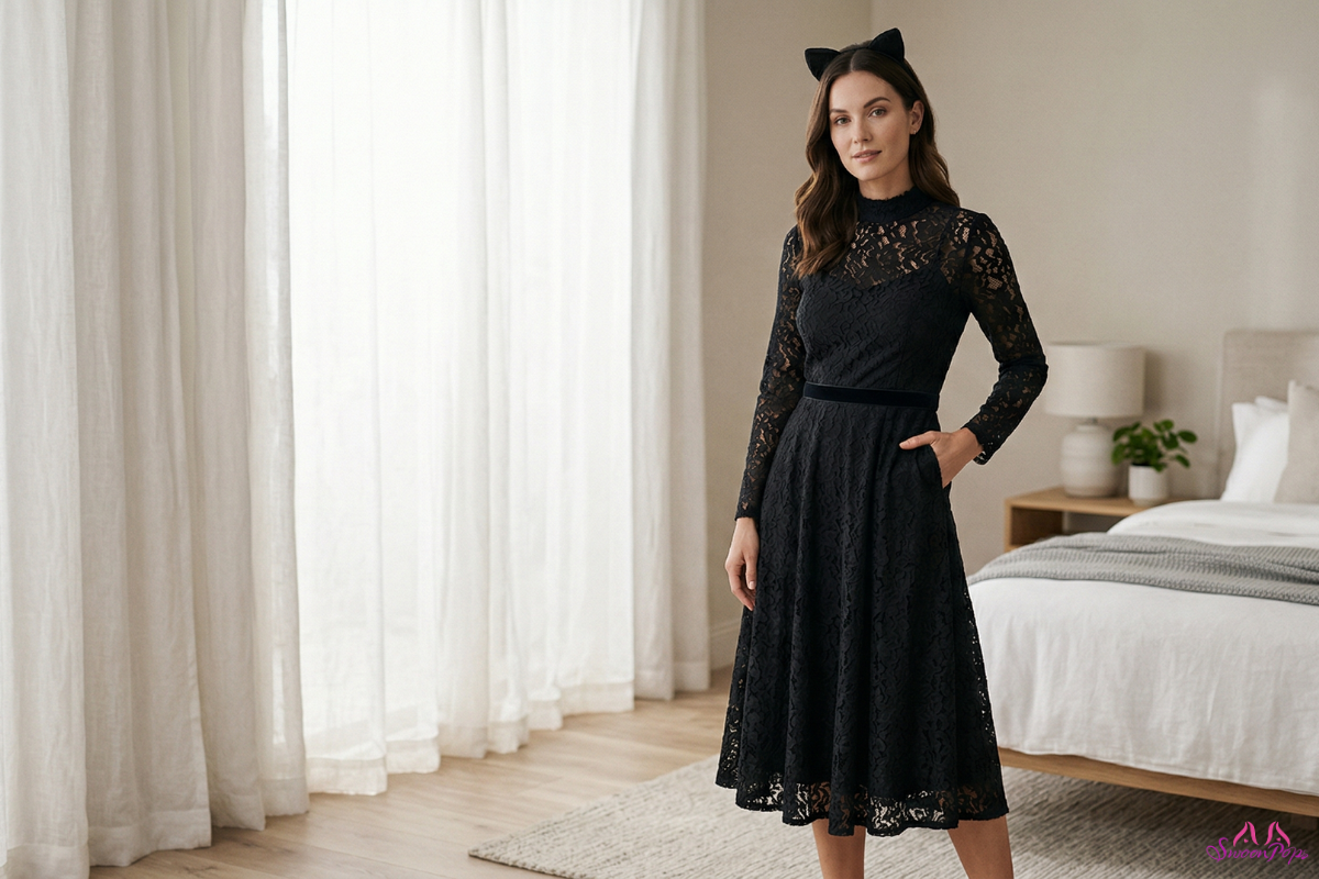 A woman in a black sexy kitty costume stands confidently in a stylish bedroom.