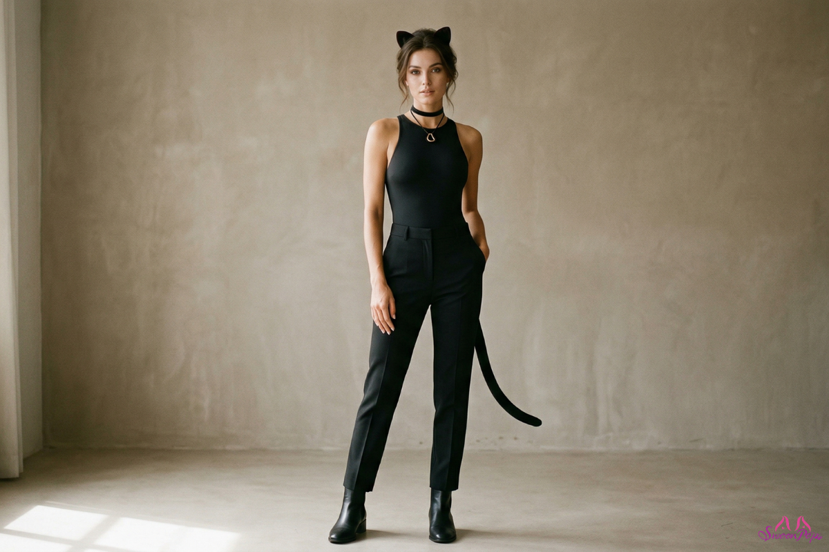 A woman in a sleek black cat suit striking a playful pose for the camera, showcasing her sexy kitty costume.