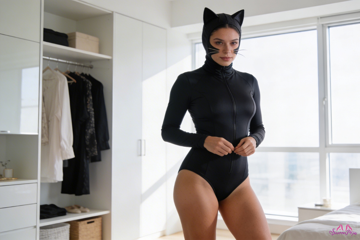 A woman poses for a photo in a black cat costume, showcasing her playful and festive spirit.