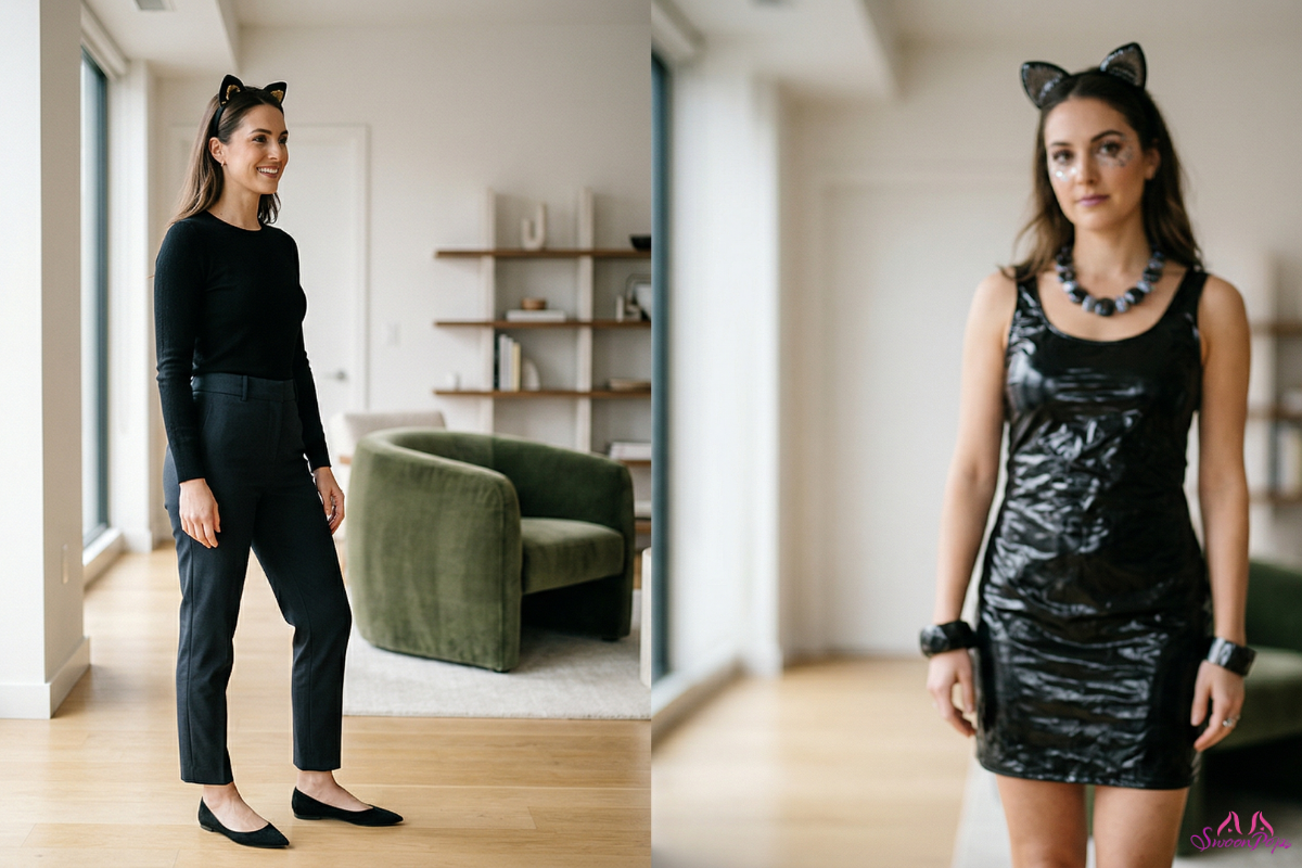 Two images of a woman wearing playful cat ears, showcasing her cheerful expression and stylish outfit.