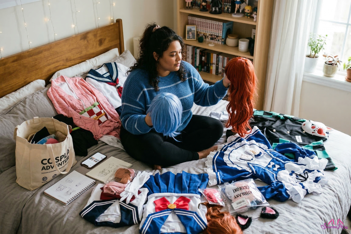 A woman sitting on a bed surrounded by a pile of clothes, looking contemplative and relaxed.