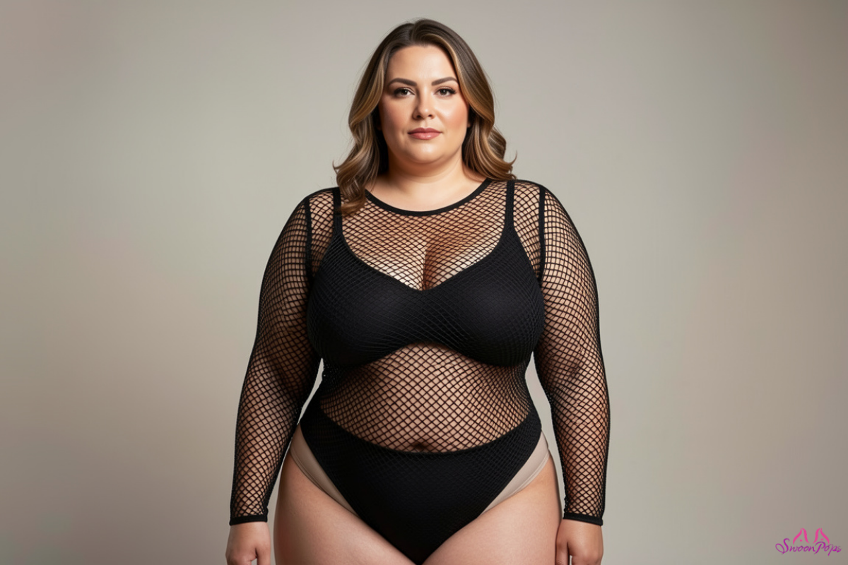 A woman wearing a black fishnet bodysuit, showcasing a stylish and bold fashion choice.
