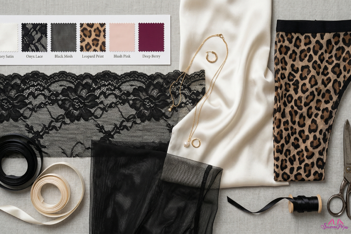 Fabric swatches for a lace sexy bunny costume lingerie set including onyx lace, leopard print, and ivory satin.